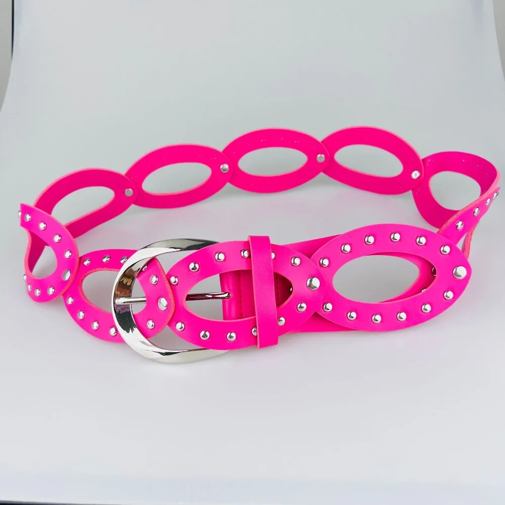 เข็มขัดคาวเกิร์ลปรับได้ รูปทรงวงรี หนัง PU แบบโปร่ง หัวเข็มขัดโลหะ สายกว้าง ประดับหมุดด้านข้าง