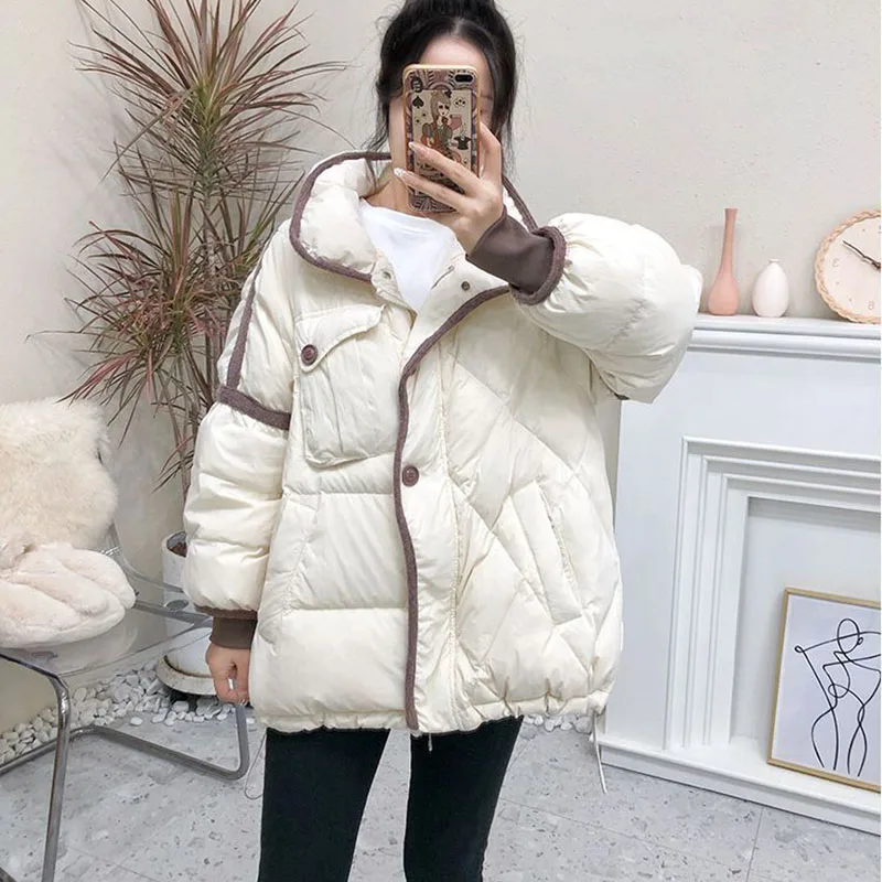 New Stand Collar Down Jacket Womens Short Korean Loose White Duck Down Coat Winter Jackets Female Cold Parker Outerwear Black