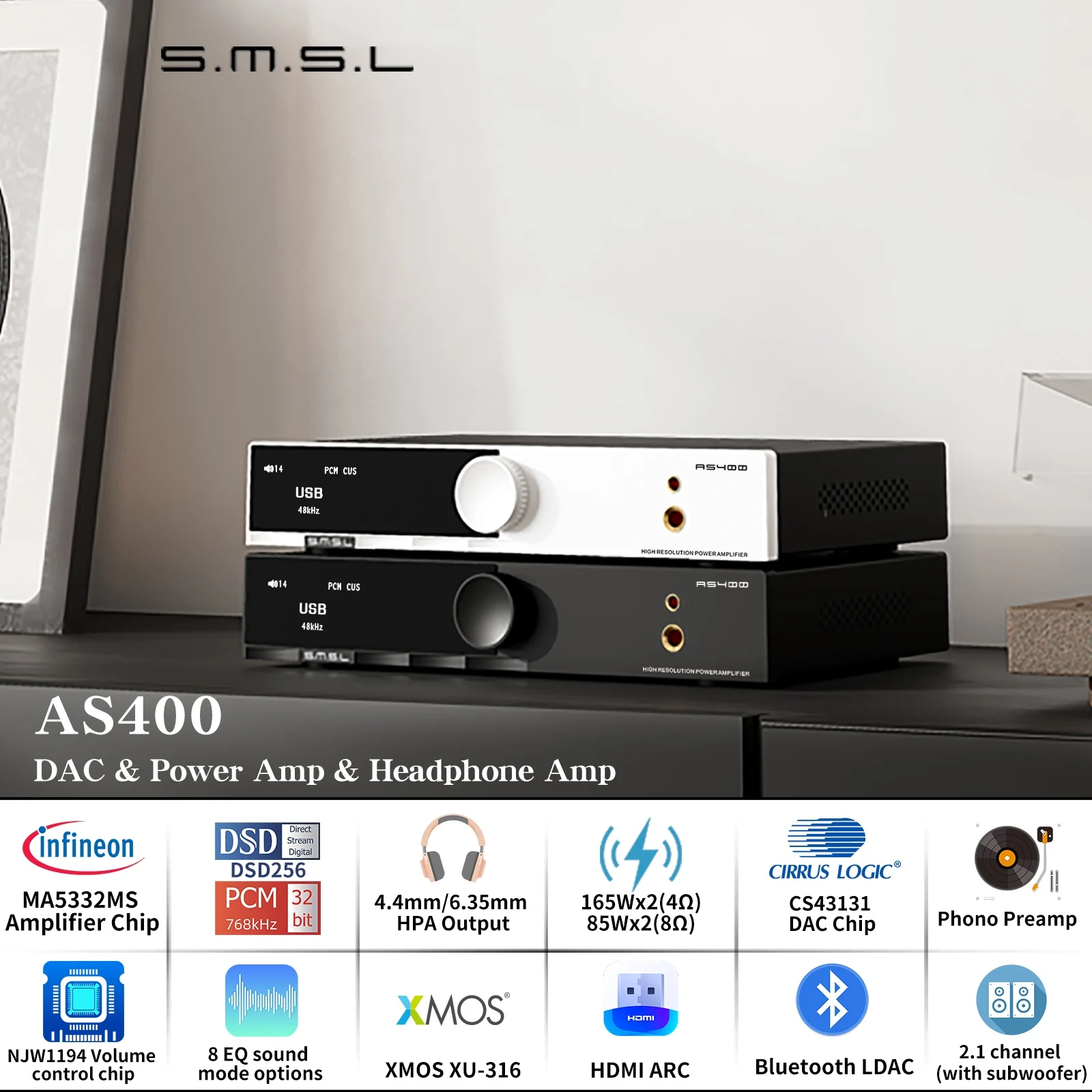 SMSL AS400 Hi-Res DAC Power Amplifier Headphone AMP Support Bluetooth USB Optical Coaxial MM Vinyl Phono Amplifier Audio Decoder