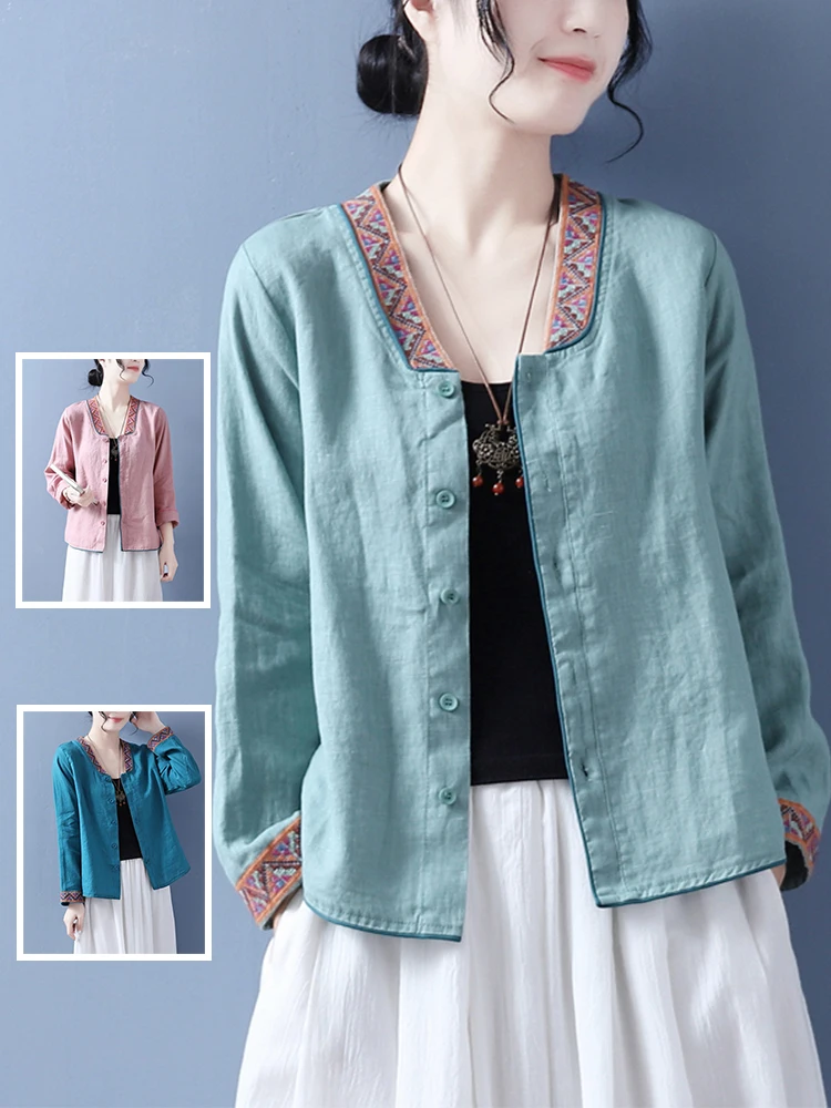 

Early Autumn Large Size Women's Cotton Linen Embroidered Open Cardigan V-ne Long Sve irt Casual Commute Sle
