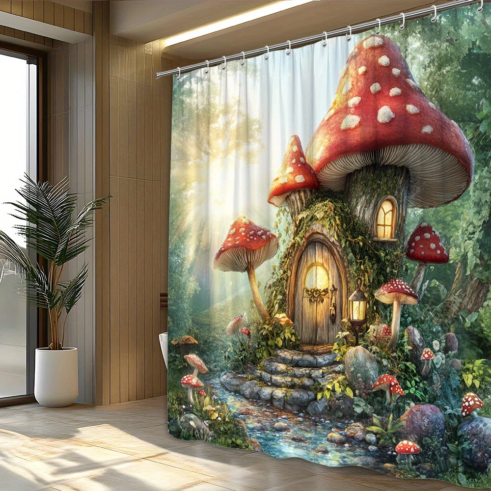 Занавеска для душа Enchanted Forest Cottage — красные грибы, покрытые мхом, дизайн фонариков, мягкий золотой солнечный свет