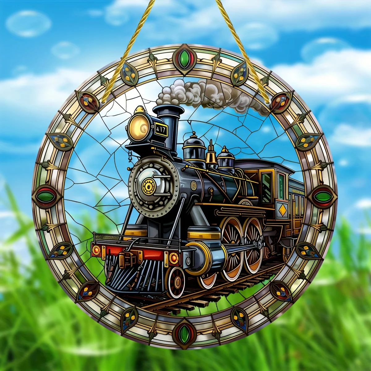 Steam Train Stained Glass Suncatcher,Round Acrylic Hanging Window Ornament,All-Season Decor for Porch,Home,Garden,Birthday Gift