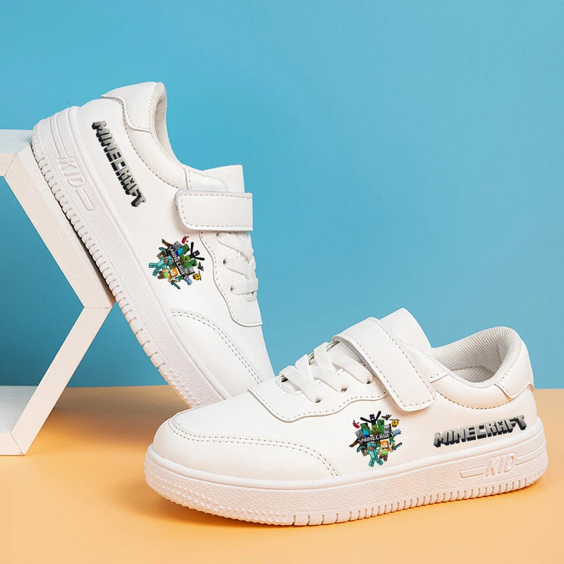 Tênis Esportivo Masculino Casual de Couro com Sola Macia, Estampa Temática de Jogos Minecraft, Tênis Branco Pequeno, Presente de Aniversário