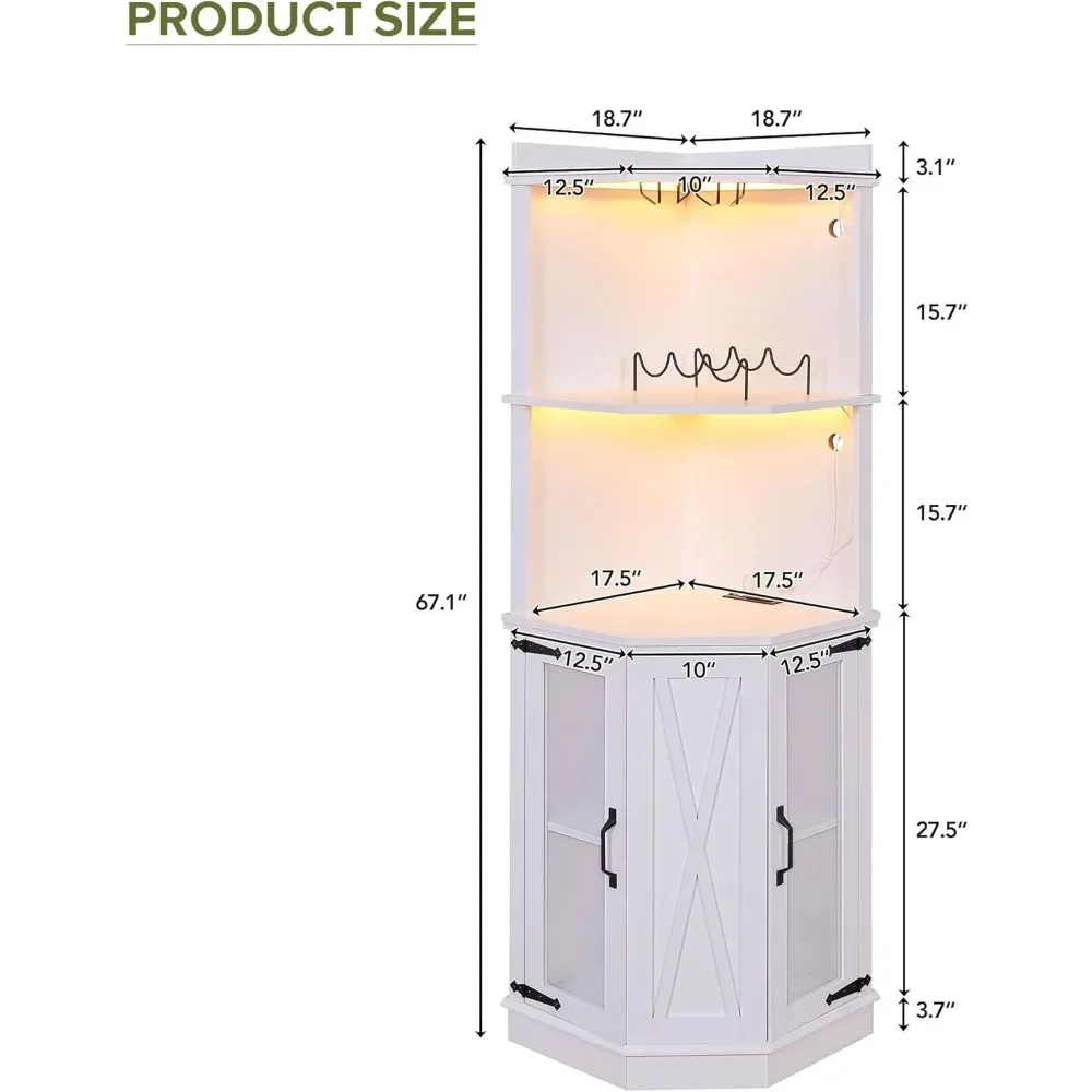 LEDライトとコンセント付きのコーナーワインバーキャビネット、ガラスラック、調整可能な収納棚、自立型、高さ食器棚、67.7インチ