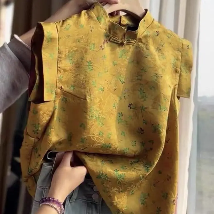 เสื้อเชิ้ตคอตั้งติดกระดุม ลายพิมพ์สวยงามไม่ซ้ำใคร สไตล์เกาหลี ทรงหลวม ผ้าโพลีเอสเตอร์ผสม แฟชั่นฤดูร้อน