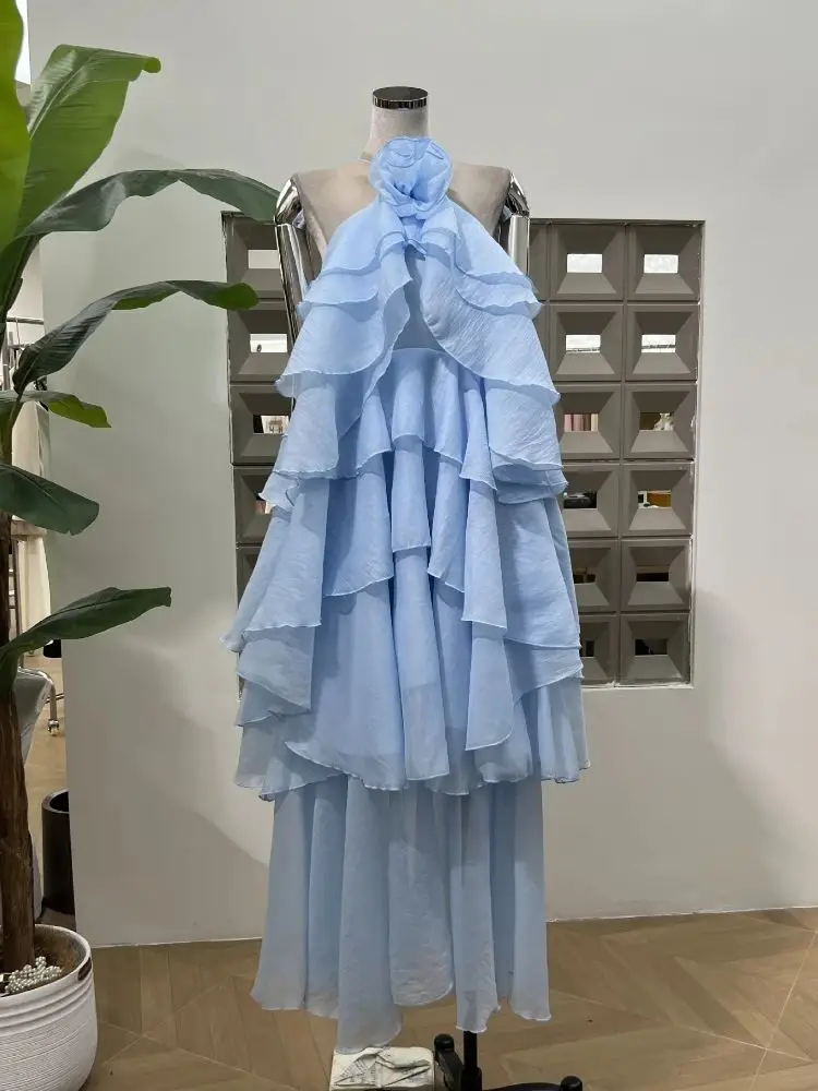

Sexy Halter Neck Flower Patchwork Ruffles Long Dress Women Sleeveless Backless Lace-up Beach Holiday Dresses Night Party Gown