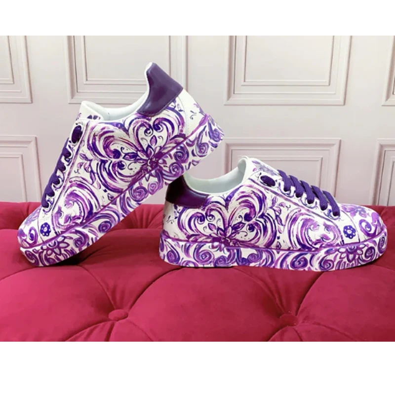 

Purple and White Porcelain 3D Printing Front Tie Thick Bottom Sneakers Unisex Gem Color-Mixed Heightening Casual Trendy Shoes