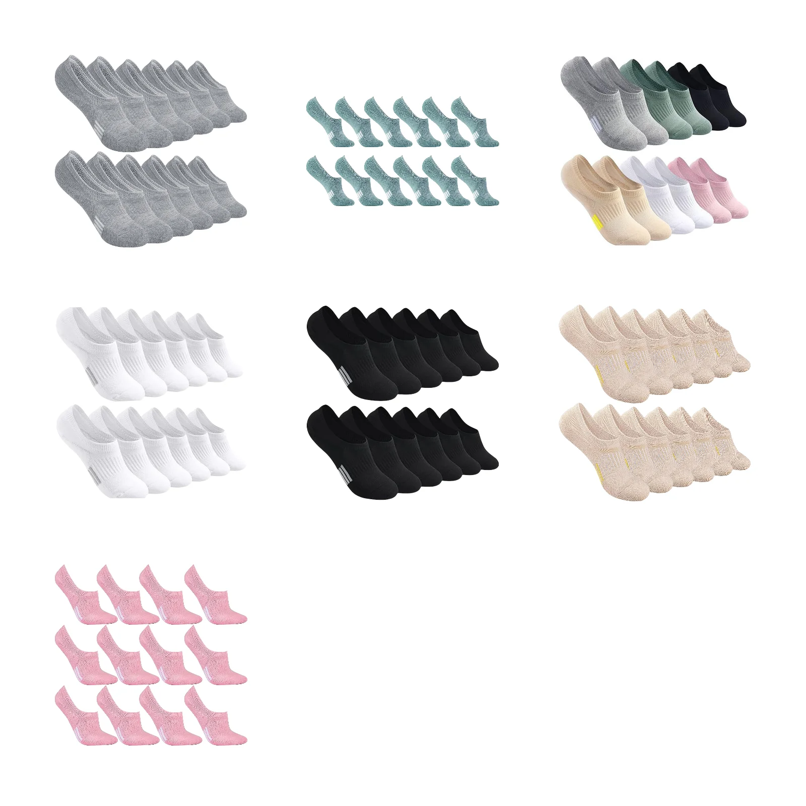 

7 комплектов однотонных носков, включая серые/военно-зеленые/шестиколорные/белые/черные/кожаные/розовые, дышащие носки-невидимки унисекс.