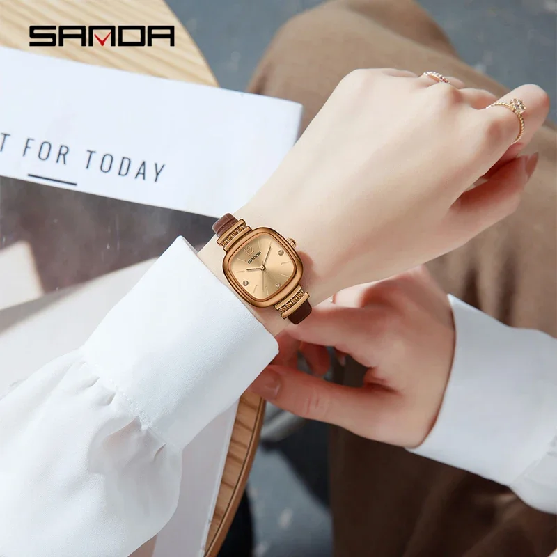 SANDA أفضل ماركة ساعات نسائية مقاوم للماء موضة ساحة الماس جلدية كوارتز ساعة فاخرة للسيدات ساعة اليد هدية صديقة
