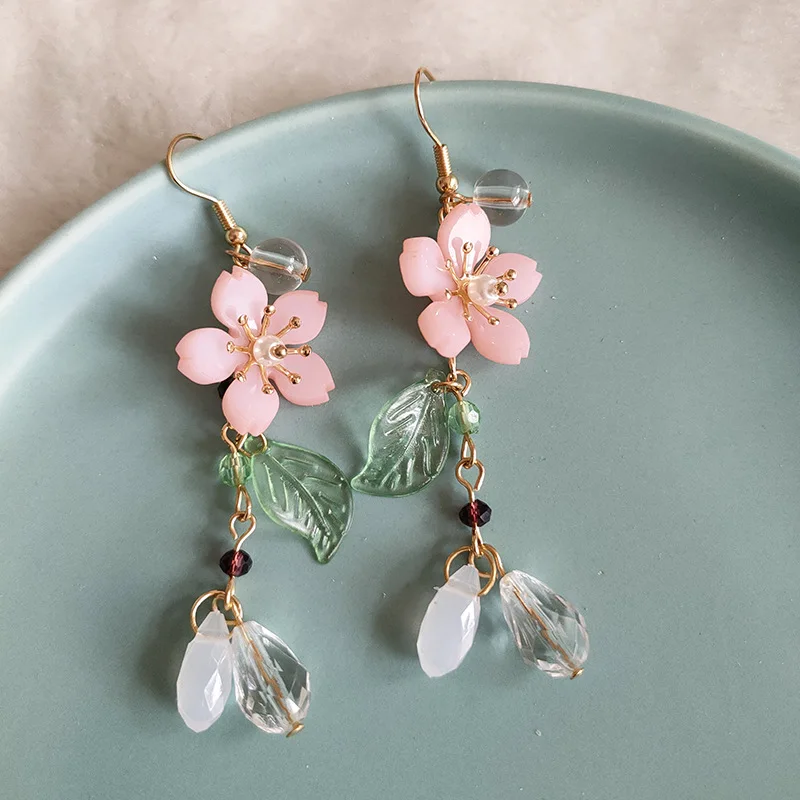 Spring Pink Flower Dangle Earrings for Women, Fairy Charms Floral Leaf Earrings Summer Holiday Pendants Earrings Jewelry Gifts