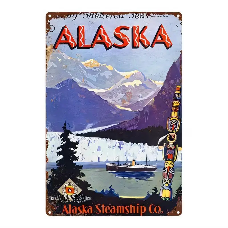 Vintage Alaska Steamship Co Metal Tin Sign - Retro Travel Poster Design (Totem, Glacier, Ship) | Colorful Iron Wall Art for Home
