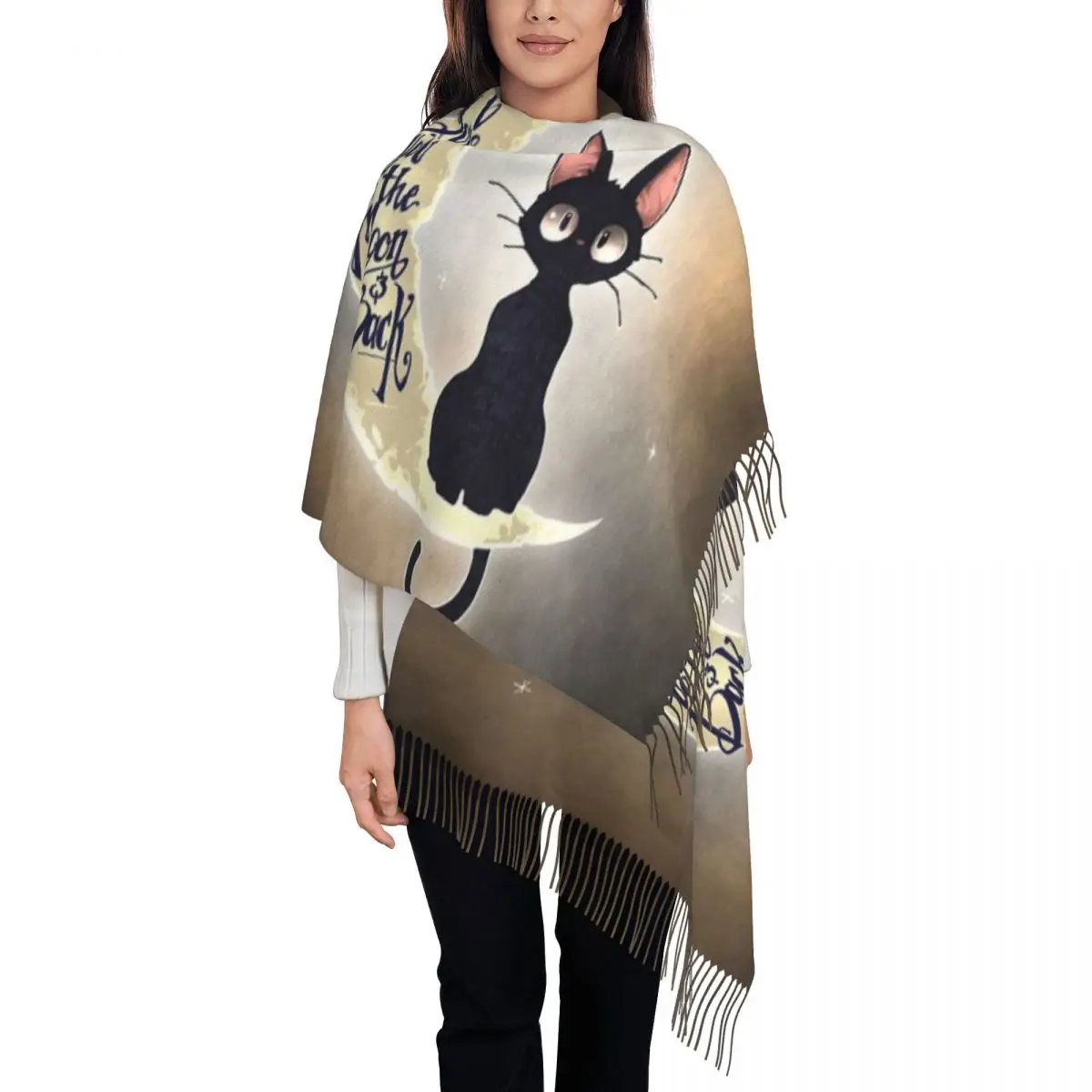 

Black Cat And Moon Pattern Tassel Scarf Women Soft Cartoon Kitten Shawls Wraps Ladies Winter Scarves