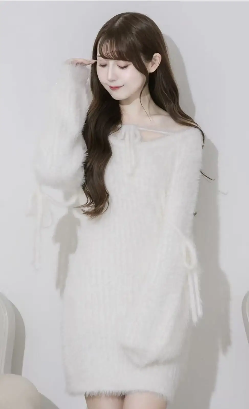 فستان قصير محبوك على الطراز الياباني أنيق برقبة دائرية وأربطة وأكمام طويلة وخصر عالٍ للنساء للخريف #5