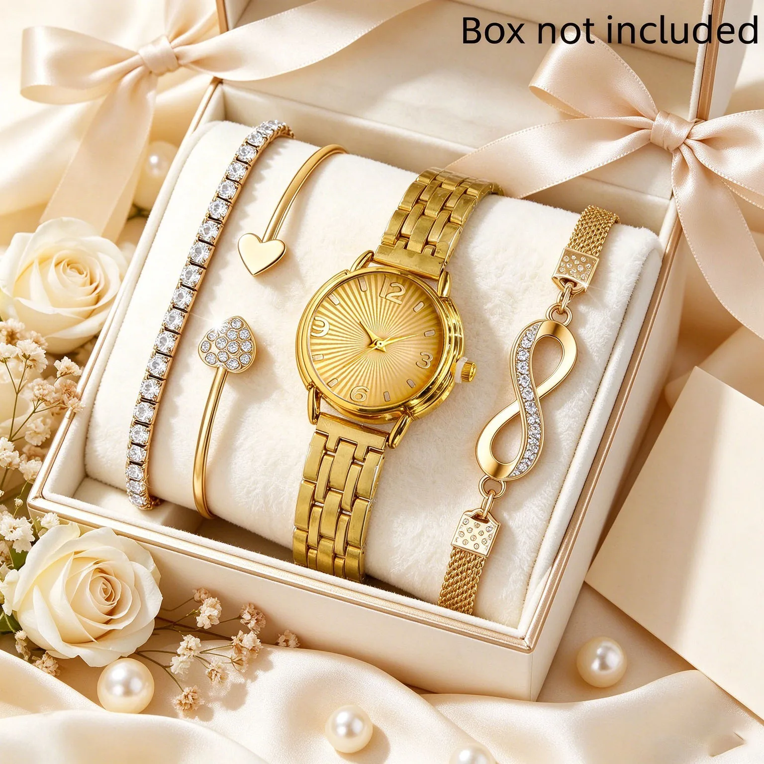 4 Pieces/Set Elegant and Simple Pointer-Style Women's Quartz Watch Set, 1 Quartz Watch and 3 Bracelets Set, a Carefully Selected Watch Set for Sisters, Suitable for Daily Wear (Box Not Included)