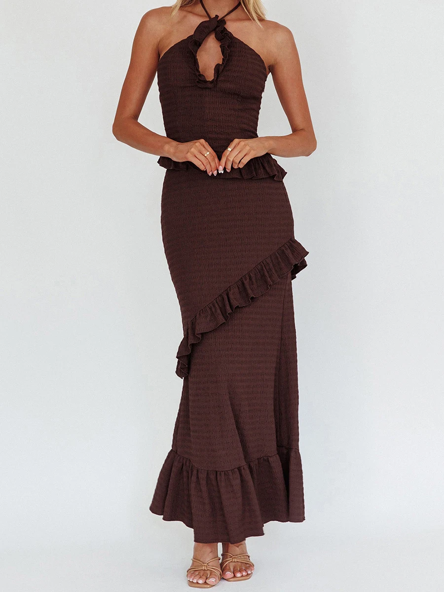 Completi estivi da donna Canottiere con scollo all'americana con ritaglio tinta unita + Gonna lunga sottile con volant Set Abiti da festa