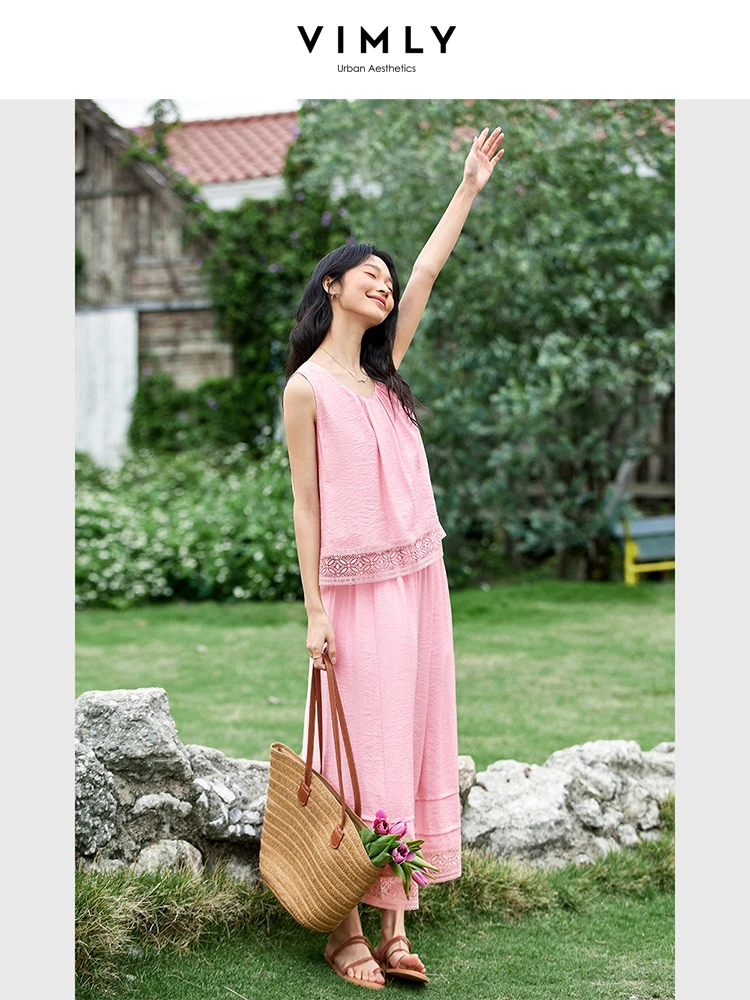 

VIMLY Vacation Pink Skirt Sets 2 Piece Woman Summer Outfits 2025 Simple Tank Top Long Splicing Lace Skirt Elegant Clothing A1558