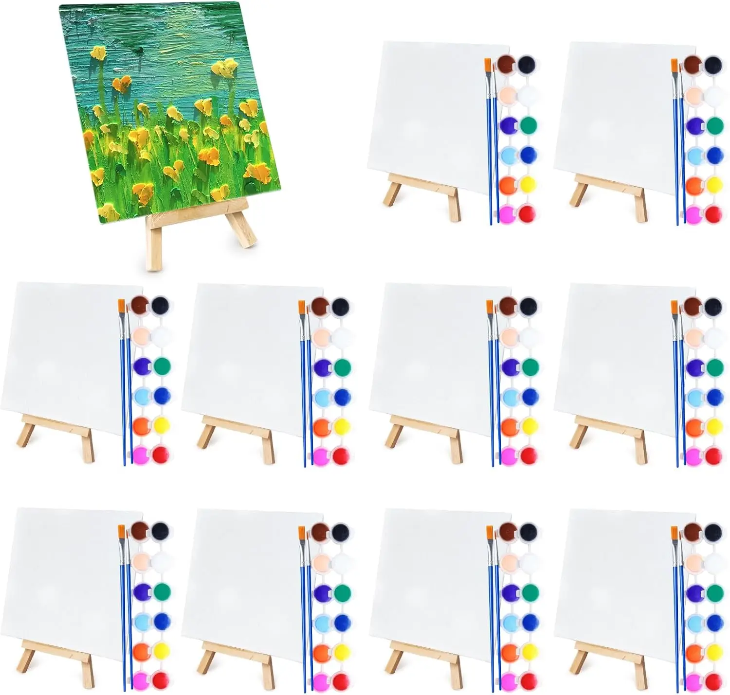 

10 Set Mini Acrylic Paint Kit, 5.9In Canvas Boards for Painting with 6.5" Easel, Acrylic Paint Strips, Painting Brushes,