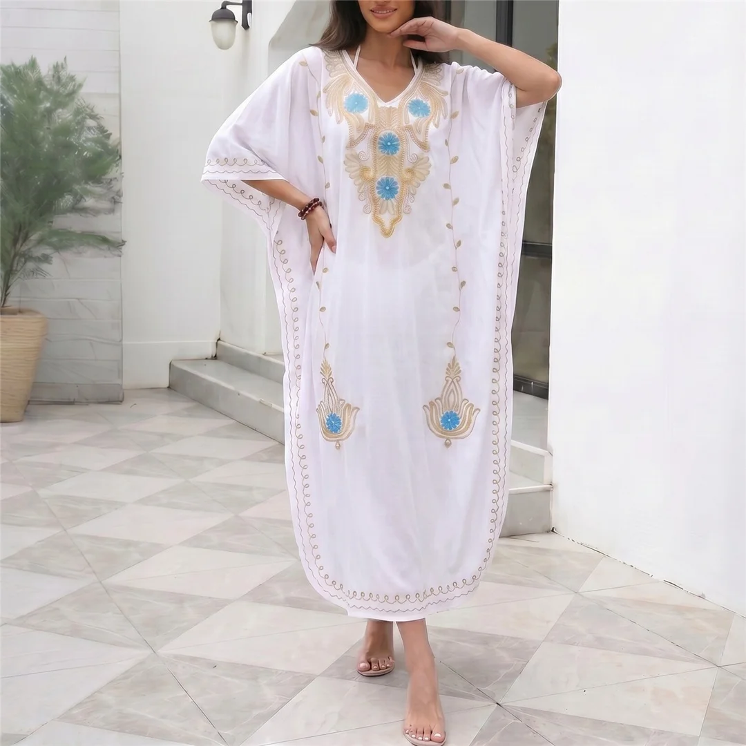 Bedrucktes Halbarm-Strickkleid mit V-Ausschnitt, Häkel-Strick-Tunika, Strand-Cover-Up, Strandkleid, Strandmode, Damen V8318 – Detail 8
