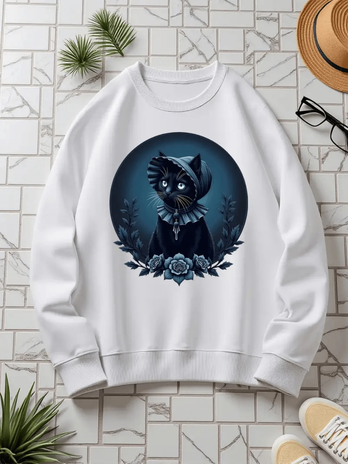 เสื้อสเวตเชิ้ตคอกลมลำลองแฟชั่นสำหรับผู้หญิงพร้อมลายแมว เสื้อสวมหัวทรงหลวมใส่สบายในชีวิตประจำวัน ของขวัญวันหยุดสำหรับเพื่อน