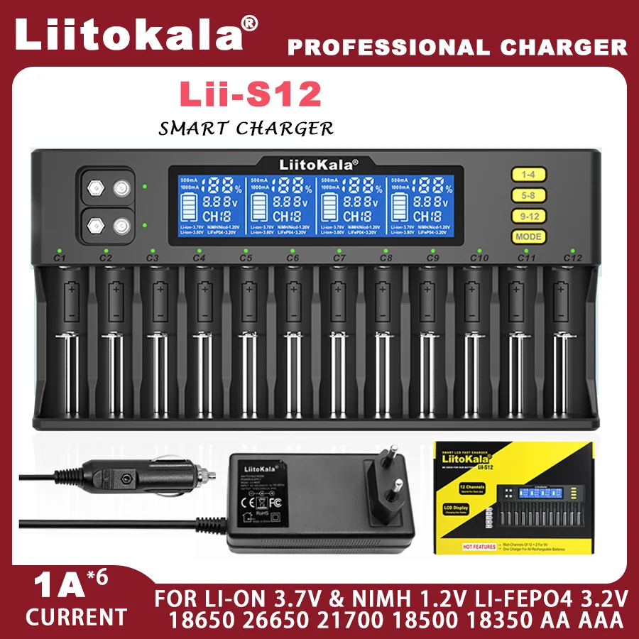 LiitoKala Lii-S12 Lii-500 12-Slot 18650 LCD Battery Charger For 20700 26650 21700 14500 10440 16340 1.2V 3.7V 4.2V Lion Battery