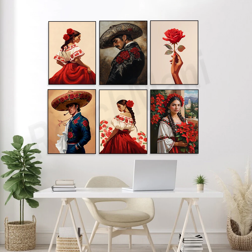 Diego Rivera style, Mexican wandering band Southwest painting, Hispanic traditional poster, Latin American folk home decor