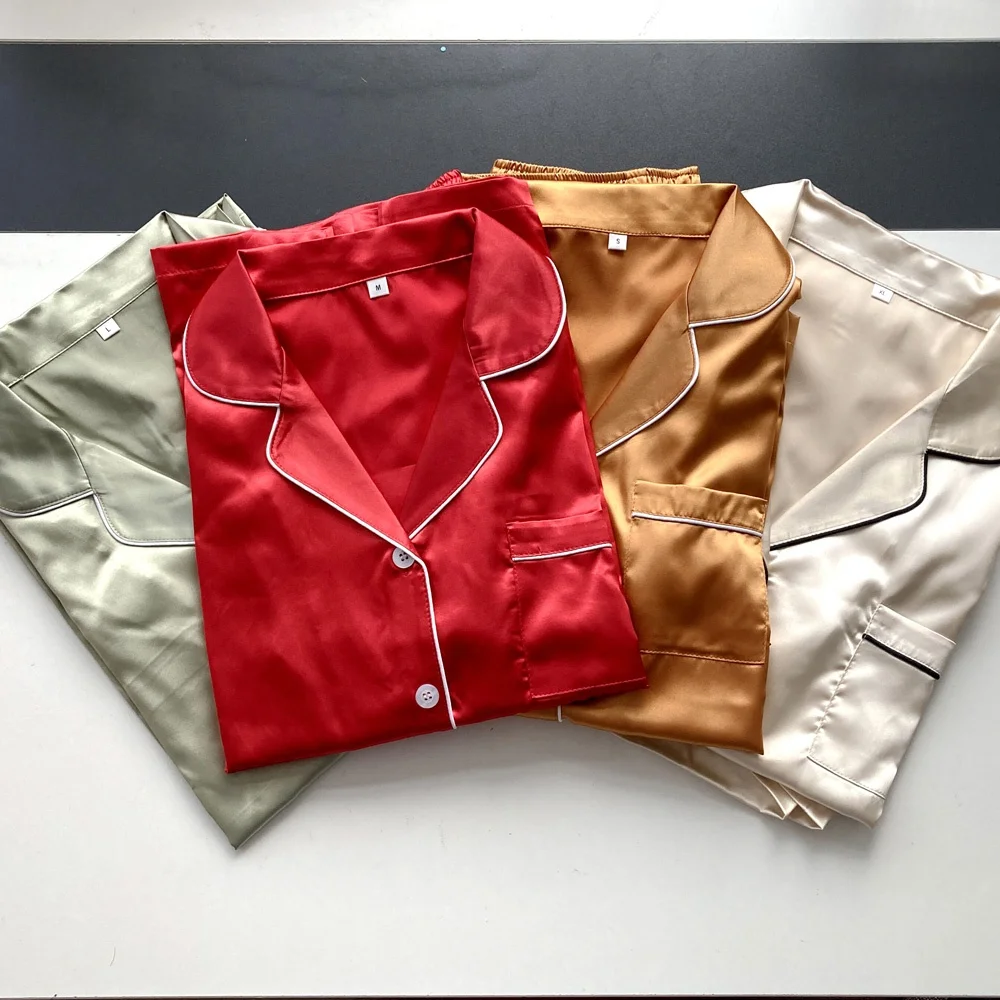 20 Colors High Quality RTS for Women's Short Sleeves Trimmed Pyjamas Summer Luxury Silk Satin Lady Pajamas Set Sleepwear