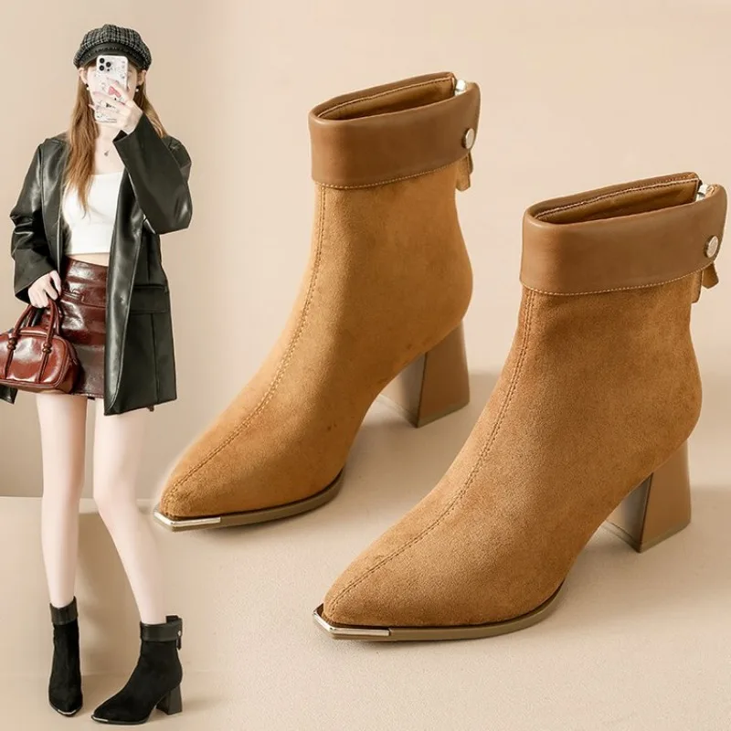 

Autumn Winter Pointed Toe Ankle Boots Women Designer Vintage Thin Low Heel Shoes Modern SHort Botas Zapatos De Mujer Fashion