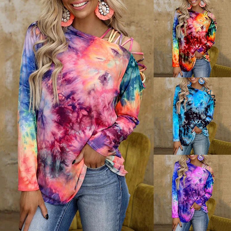 Fashion Ladies Girl Female Tie Dye Printed Long Sleeved Off Shoulder Sexy Casual Loose T-Shirt Clothing Tops