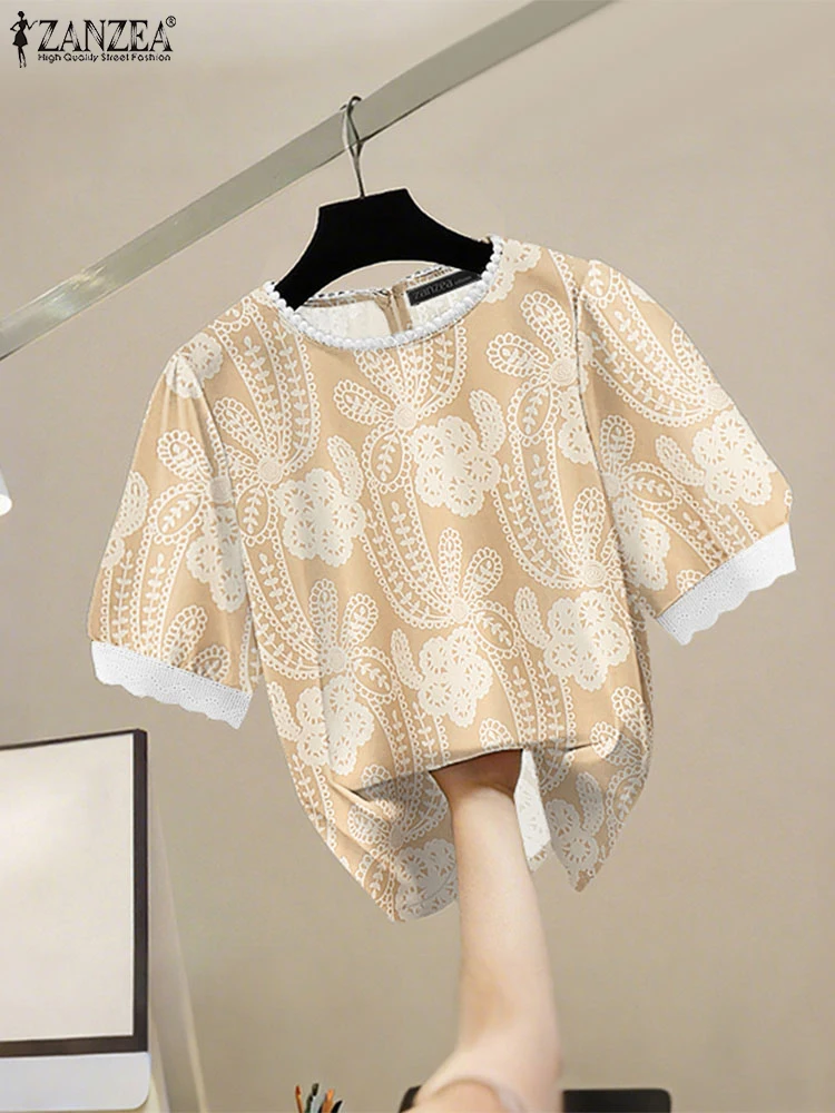 ZANZEA Vrouwen Kant Patchwork Tops Korte Mouw Blusas 2025 Mode Gedrukt Blouses Casual Losse Tuniek Vintage O-hals Trui