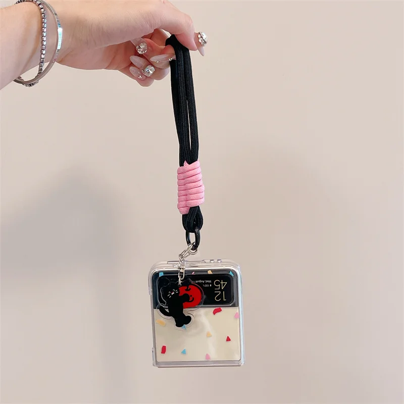 Clear Cute Cat Phone Case For Samsung Galaxy Z Flip 6 5 4 3 Cover with Hand Rope Strap Cartoon Hard Cases For Z Flip5 Flip4 5G