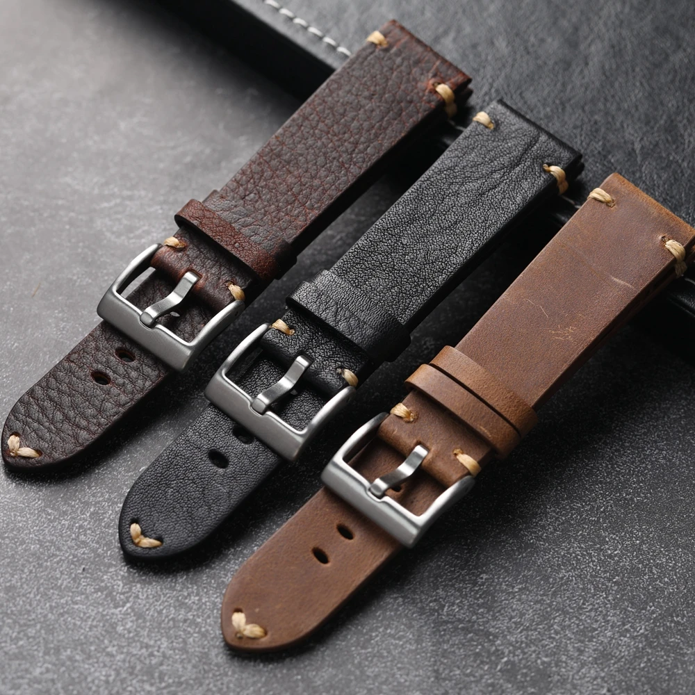 Handmade Head Cowhide Leather Strap, 18 19 20 21 22MM Aged Men\'s Vintage Italian Genuine Leather, Soft Bracelet