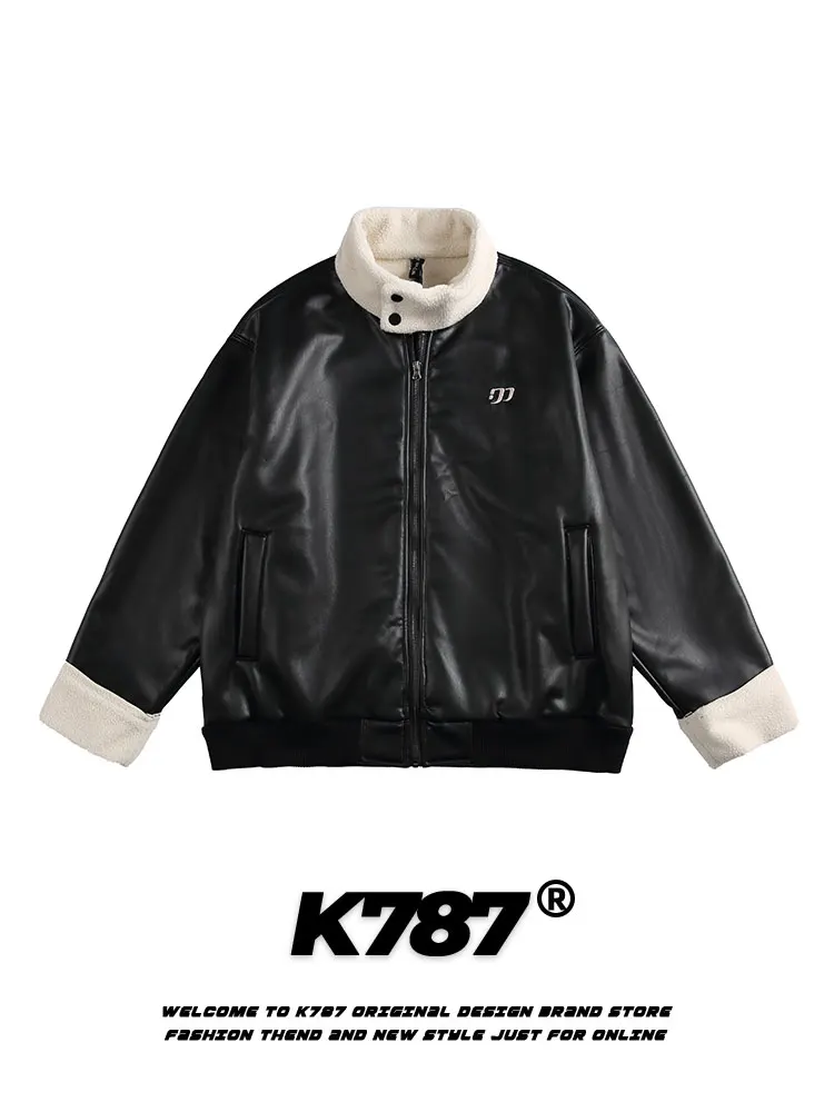 K787 American Retro PU Leather Cotton Jaet Youth Casual Warm Thiened Zipper Closure Stand Collar Embroidered Patchwork Co...