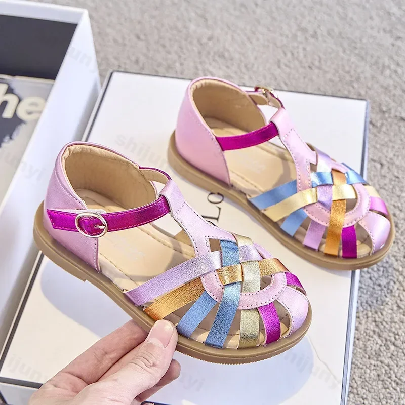 Girls Sandals New 2026 Summer Fashion Princess Party Dress Shoes Kids Colorful Soft Sandals Toddler Children Beach Weave Flats