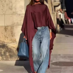 Autumn Casual O Neck Batwing Sleeve Shirt Women Fashion High Street Irregular Pullover Elegant Solid Color Commuting Top Blouses