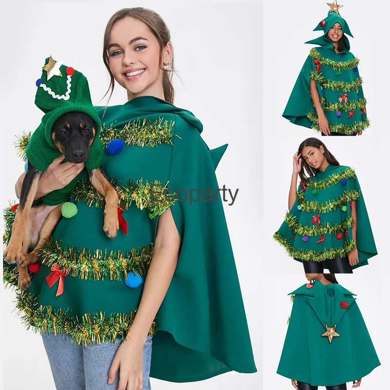 New Adult Christmas Costume Cloak 3D Green Christmas Tree Cosplay Hooded Cape For Men Women New Year Party Xmas Performance Suit