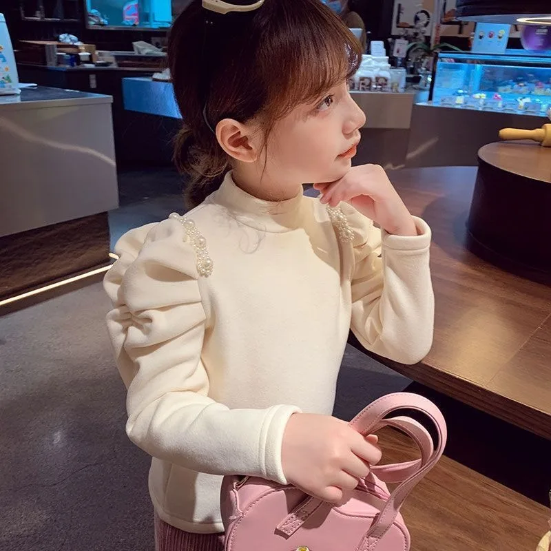 

2025 Girls' Fleece Bubble-sleeved Pearl Semi-turtleneck Bottoming Shirt Winter Children's Warm Long-sleeved Bottoming T-shirt