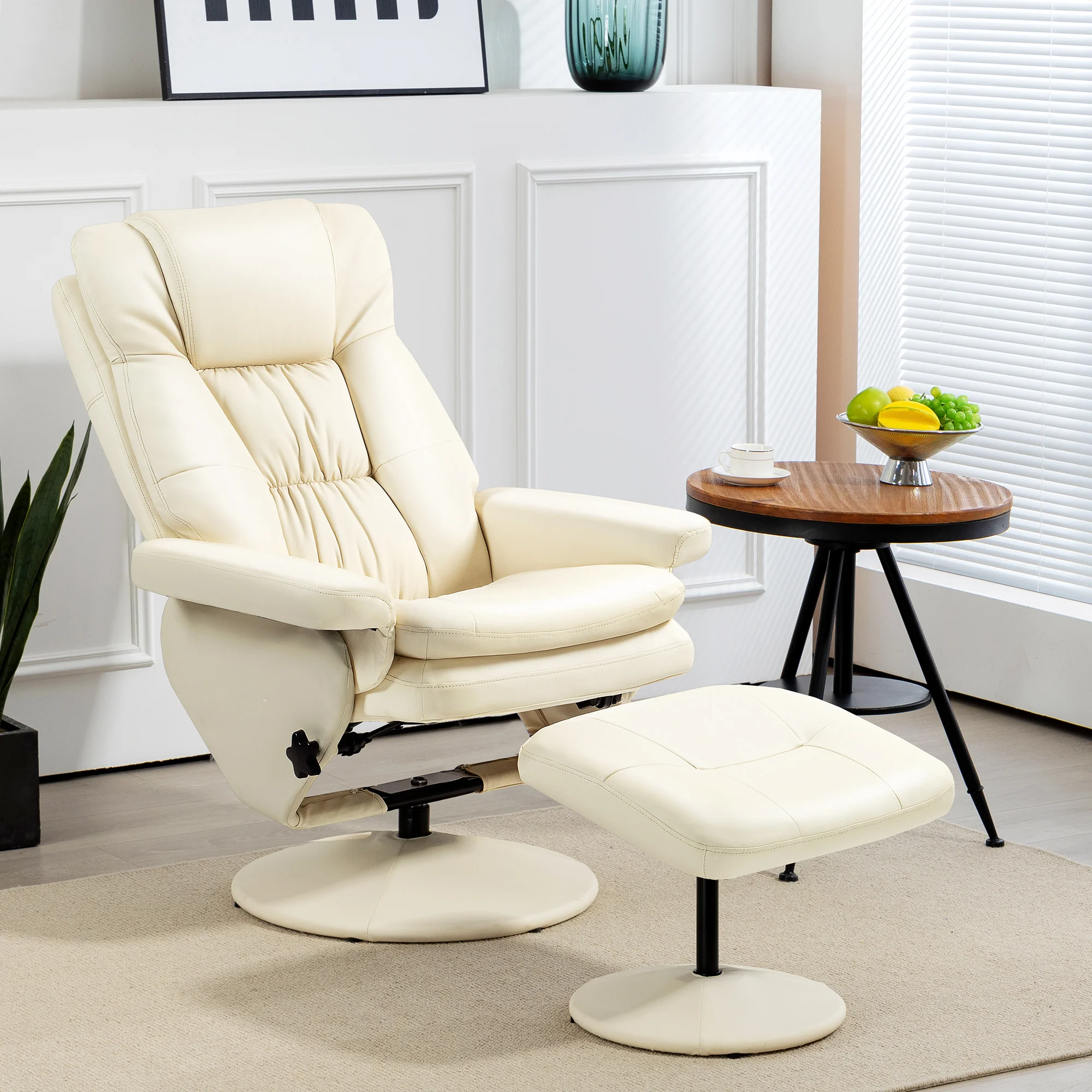 Modern Pu Leather Recliner Chair, Living Room Chair W/ Footrest Ottoman, Cream