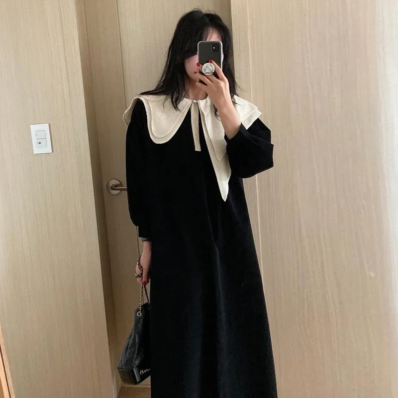 Korejpaa Vintage Women Dress Autumn Irregular Turn-down Collar Lantern Sleeve Contrast Color Loose Solid Dresses Elegant New