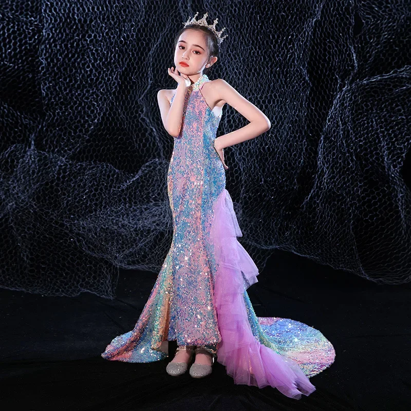 

Sexy Sequins Stitching Evening Dress Mermaid Catwalk Princess Dress For Girls Kids Clothes Birthday Party Dress Vestidos