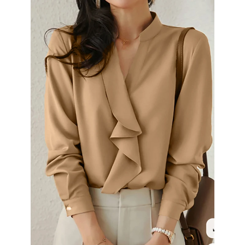 

Повседневная шифоновая рубашка для женщин цвета хаки, элегантная, с V-образным вырезом, с длинными рукавами, универсальная, для офиса и повседневной носки