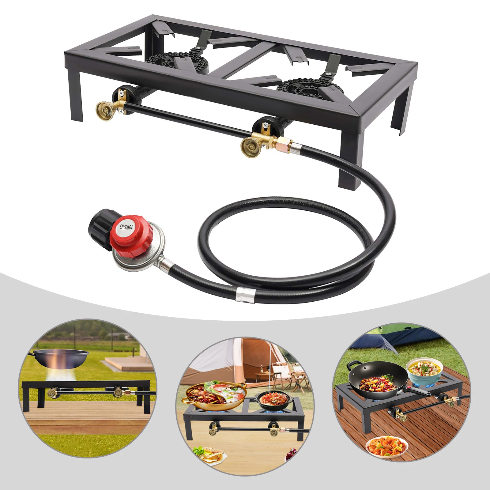 Double Burner Propane Stove Rectangular Outdoor Propane Burner Portable Gas Stove with Adjustable Hose for Camping BBQ