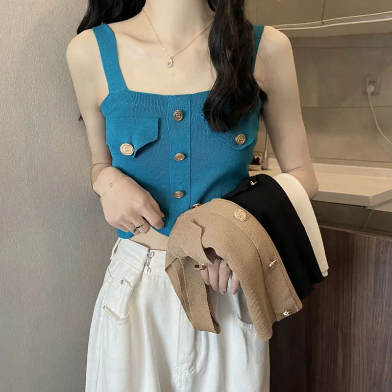 Knitting Camisole Female Summer New Fashion Simplicity Buttons Solid Color Top Tee Odzież damska All-match Temperament Tank Top