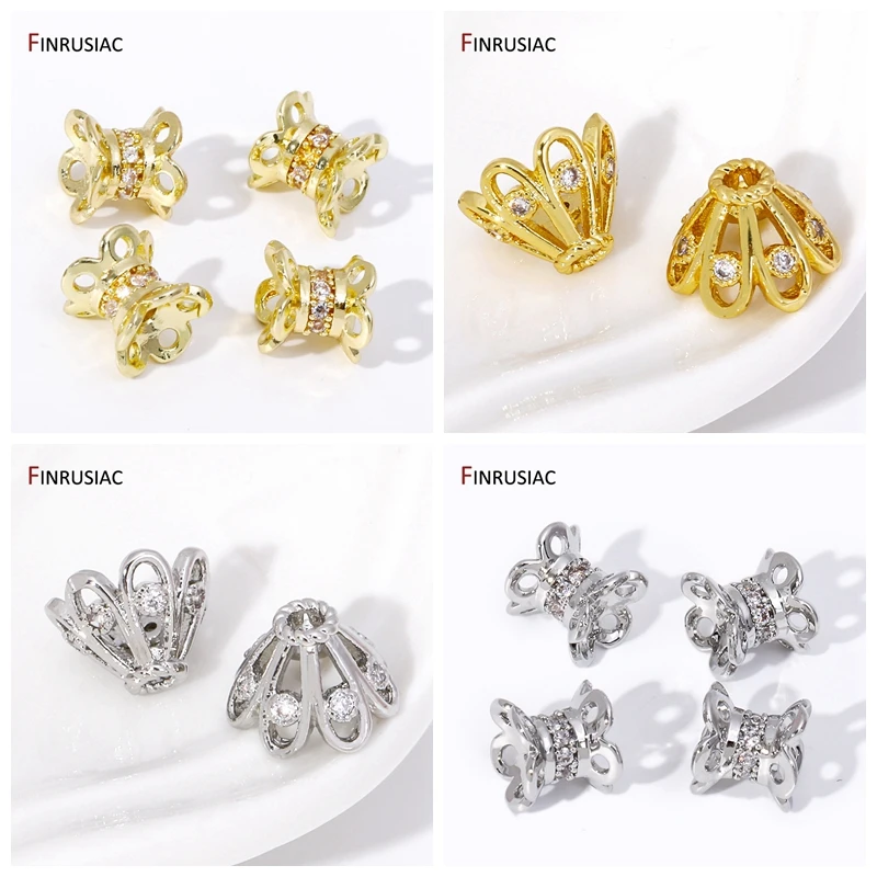 2 Stile trend ige 18 Karat vergoldete Messing blumen perlen End kappen, eingelegte Zirkon Hohl perlen kappen für DIY Schmuck herstellung Zubehör