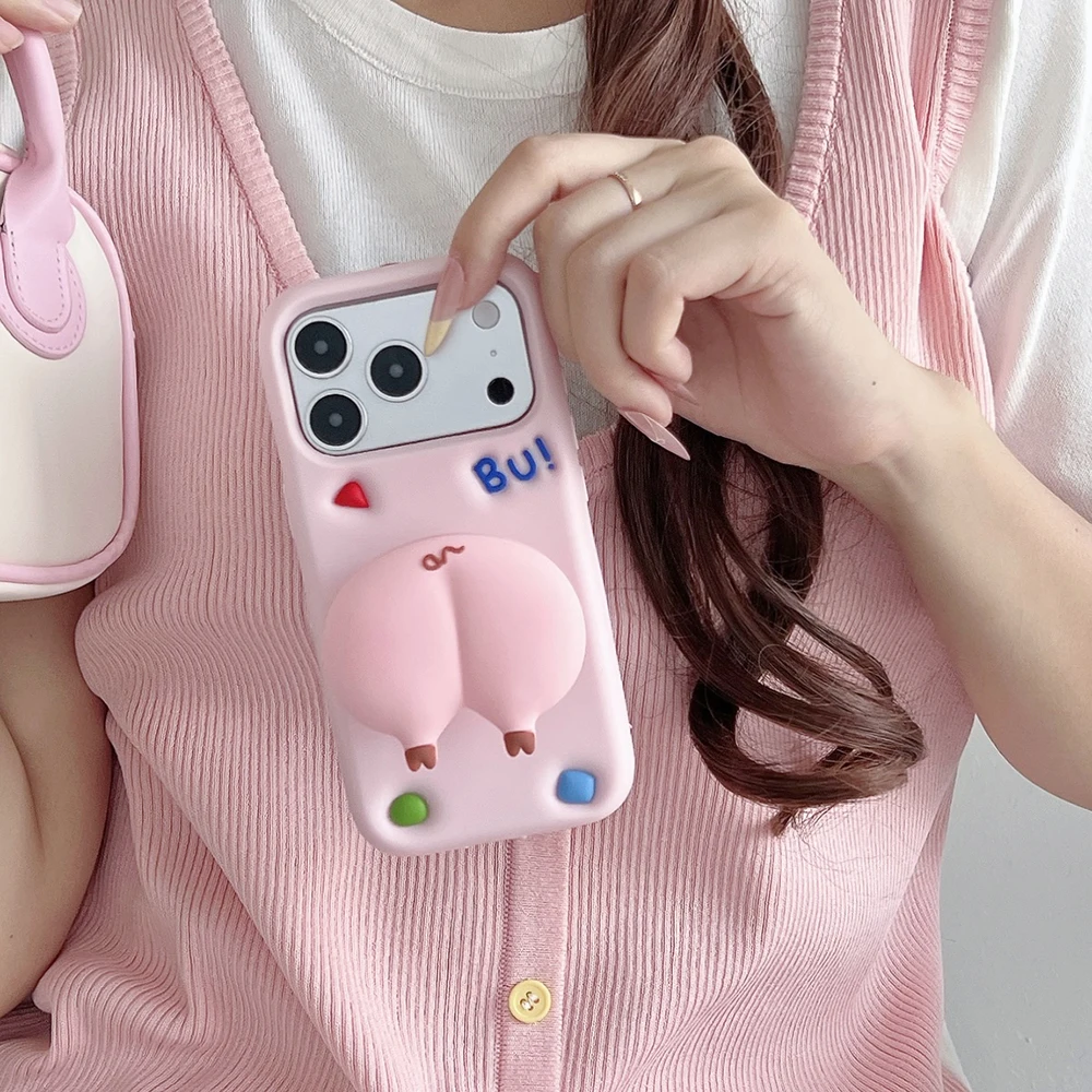 3D Cartoon Schweinchen-Po-Halterung Weiche Silikon-Handyhülle für iPhone 16 17 18 Pro Max Lustige Stoßfeste Standhalter-Abdeckung – Detail 7
