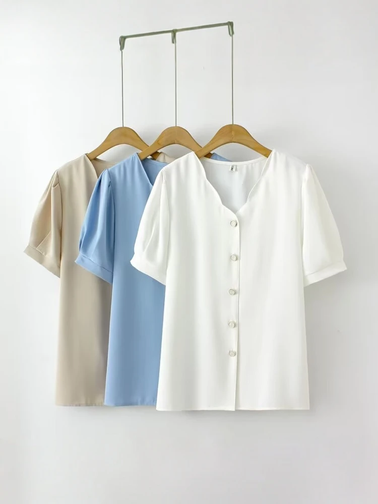 plus Size Women's V-Ne ort Sve Button-Up irt Lace Trim Summer Top Loose Fit Commute Sle Polyester Fiber