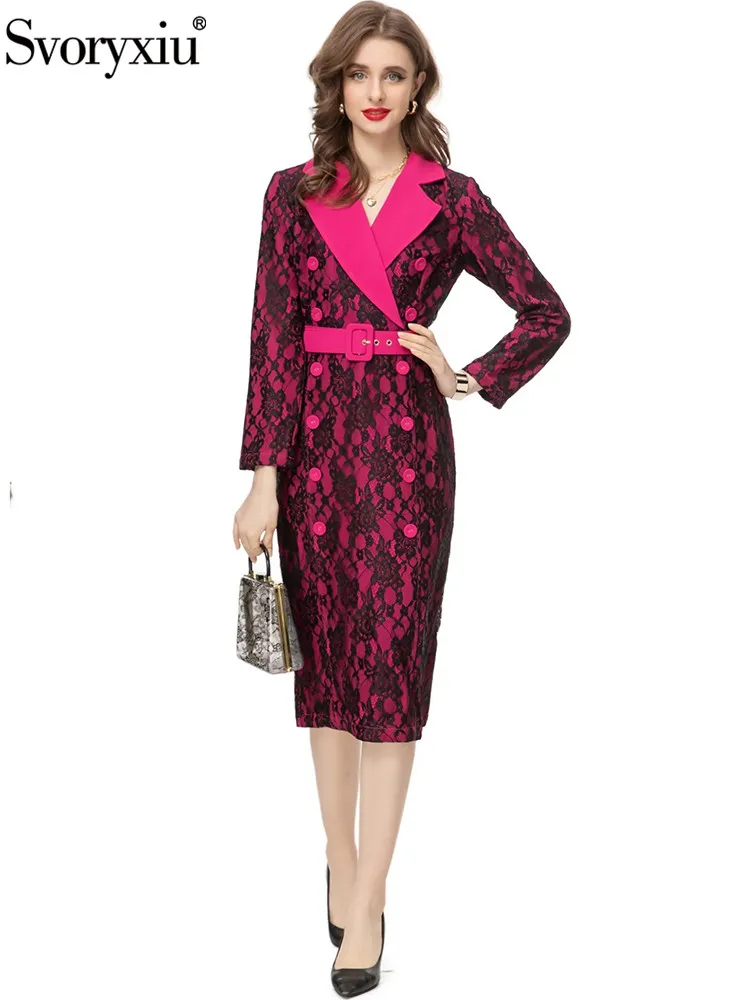 

Svoryxiu Fashion Designer Autumn Party Vintage Knee-Length Dress Women's Split Collar High Waist Belt Slim Net Yarn Lace Dress