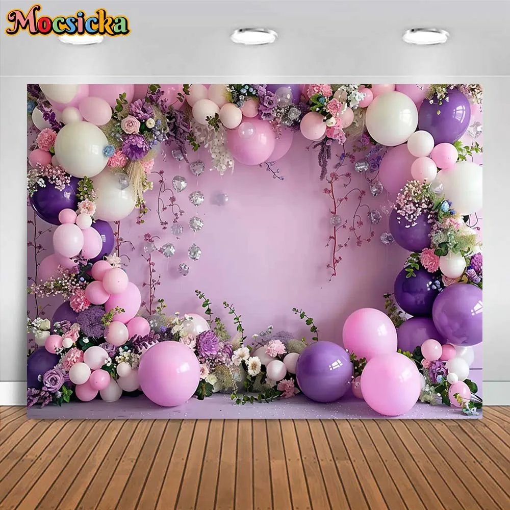 Mocsicka Backdrop for Photography Pink Purple Wall And Floor Flowers Balloons Baby Kids 1st Birthday Cake Smash Photo Background