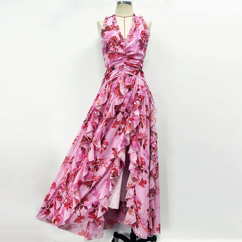 

High End Women Chiffon Dress 2025 Backless Style Hanging Neck Floral Print Layered Ruffle Edge Irregular Dress