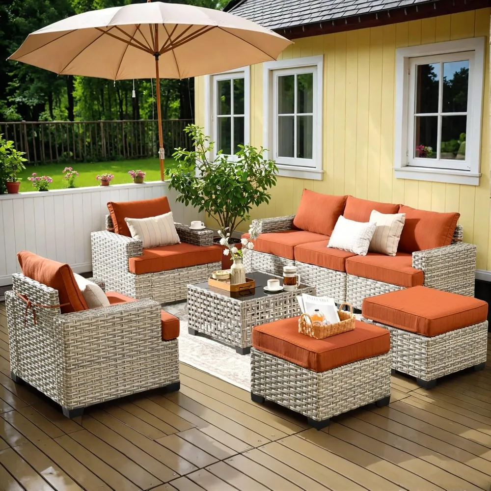 

Patio Furniture Sets 8 Pieces Outdoor Sectional Rattan Sofa Manual Weaving Wicker Patio Conversation Set with Solar Powered