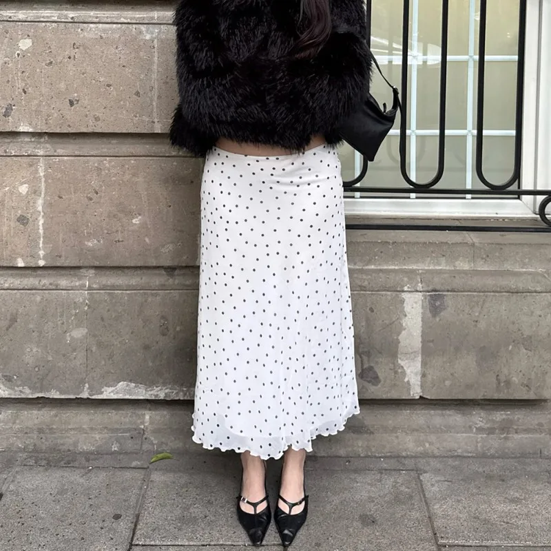 

Tuularose Fashion Polka Dot Skirts Vintage Contrast Casual Vacation White Skirts Elegant Summer Chic Streetwear Women Long Skirt